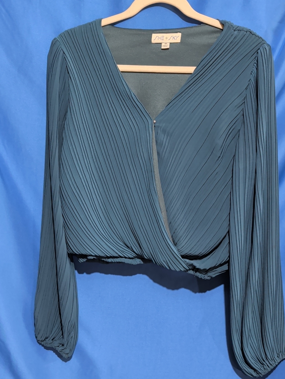 She + Sky Medium Teal Pleated Surplice Blouse